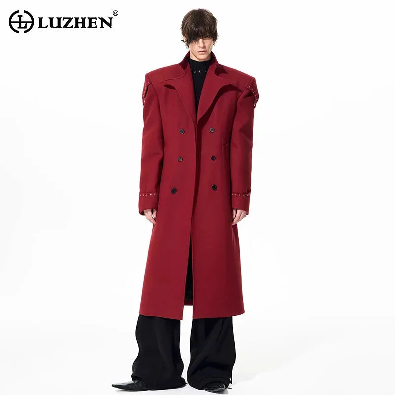 LUZHEN 2025 Winter New Shoulder Pad Double Breasted Elegant Knee-length Woolen Windbreaker Coat Men's Solid Color Trench JY5701
