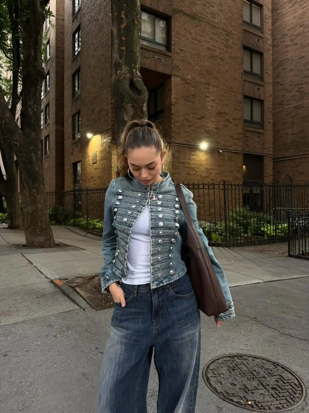 Suninbox Women's Vintage Long Sleeve Denim Jacket with Button Front Cropped Fitted Jean Jacket Casual Streetwear Autumn Outwear